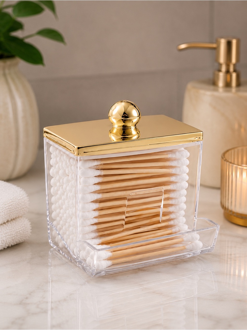 Clear Acrylic Cotton Swab Holder for Bathroom Organization with Gold Top EUC OBO
